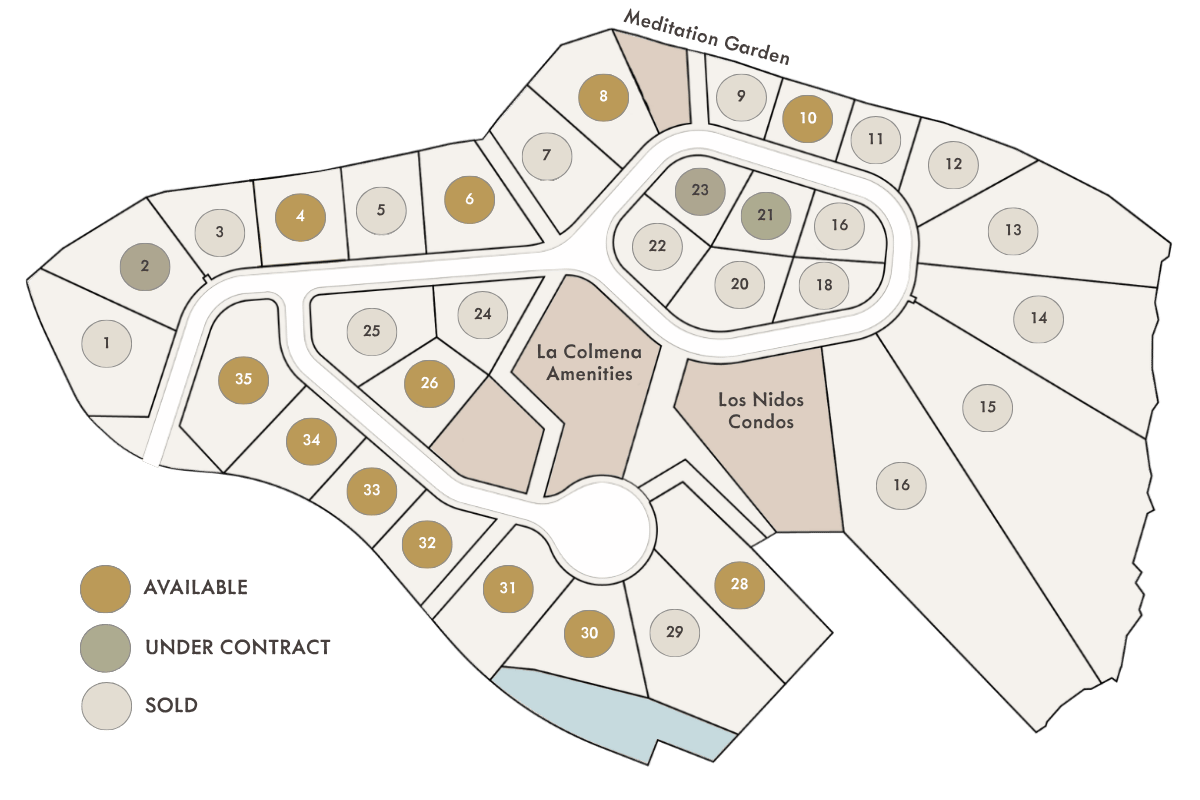 El Pochote homesite map showing available, under contract, and sold lots