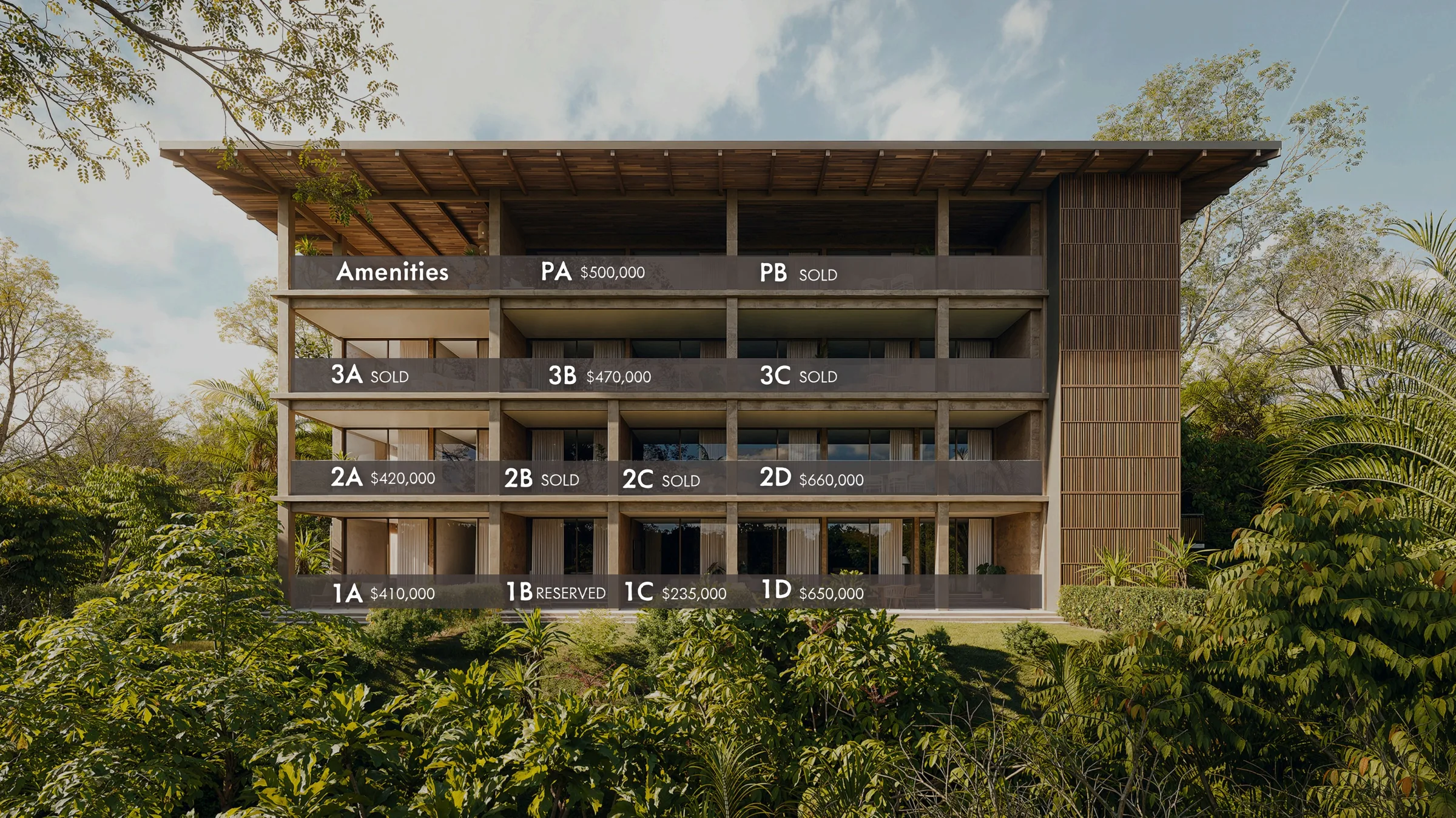 Los Nidos Condos elevation showing unit availability and pricing by floor