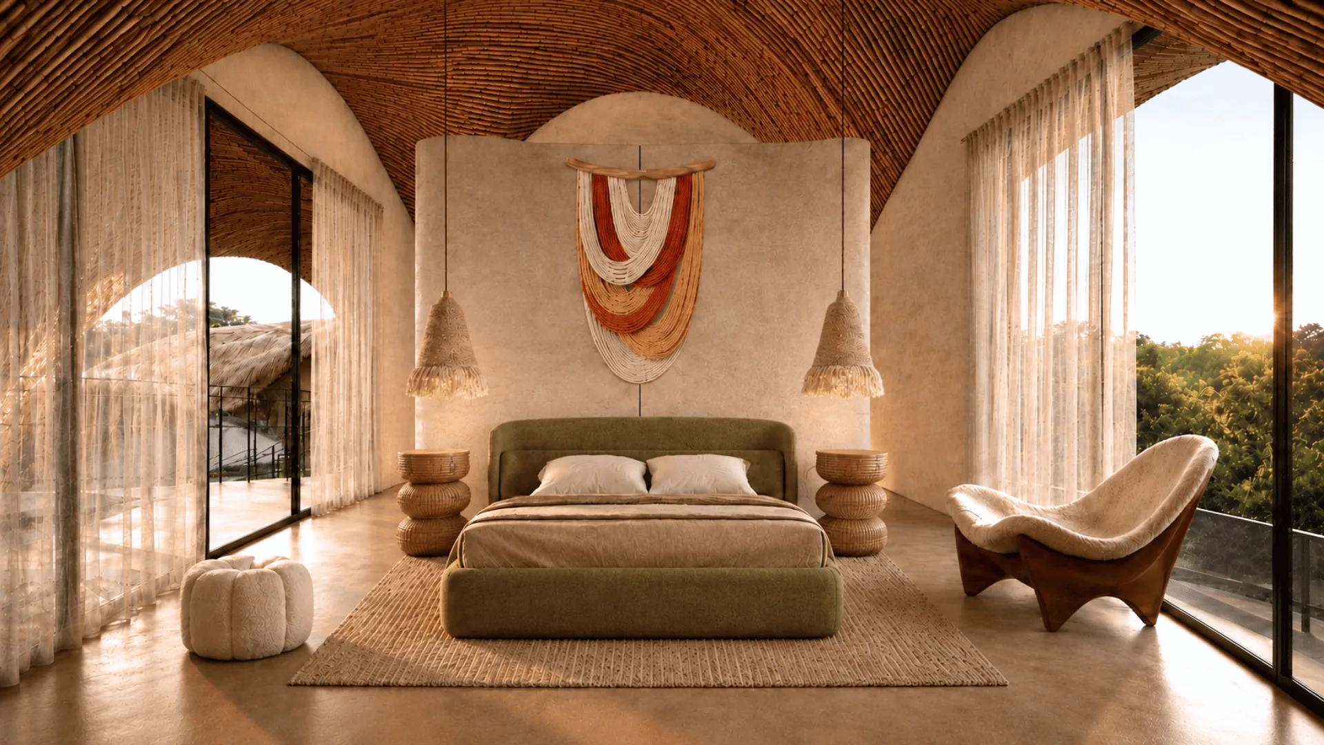 Flor de Vida bedroom with curved bamboo ceiling and floor-to-ceiling glass