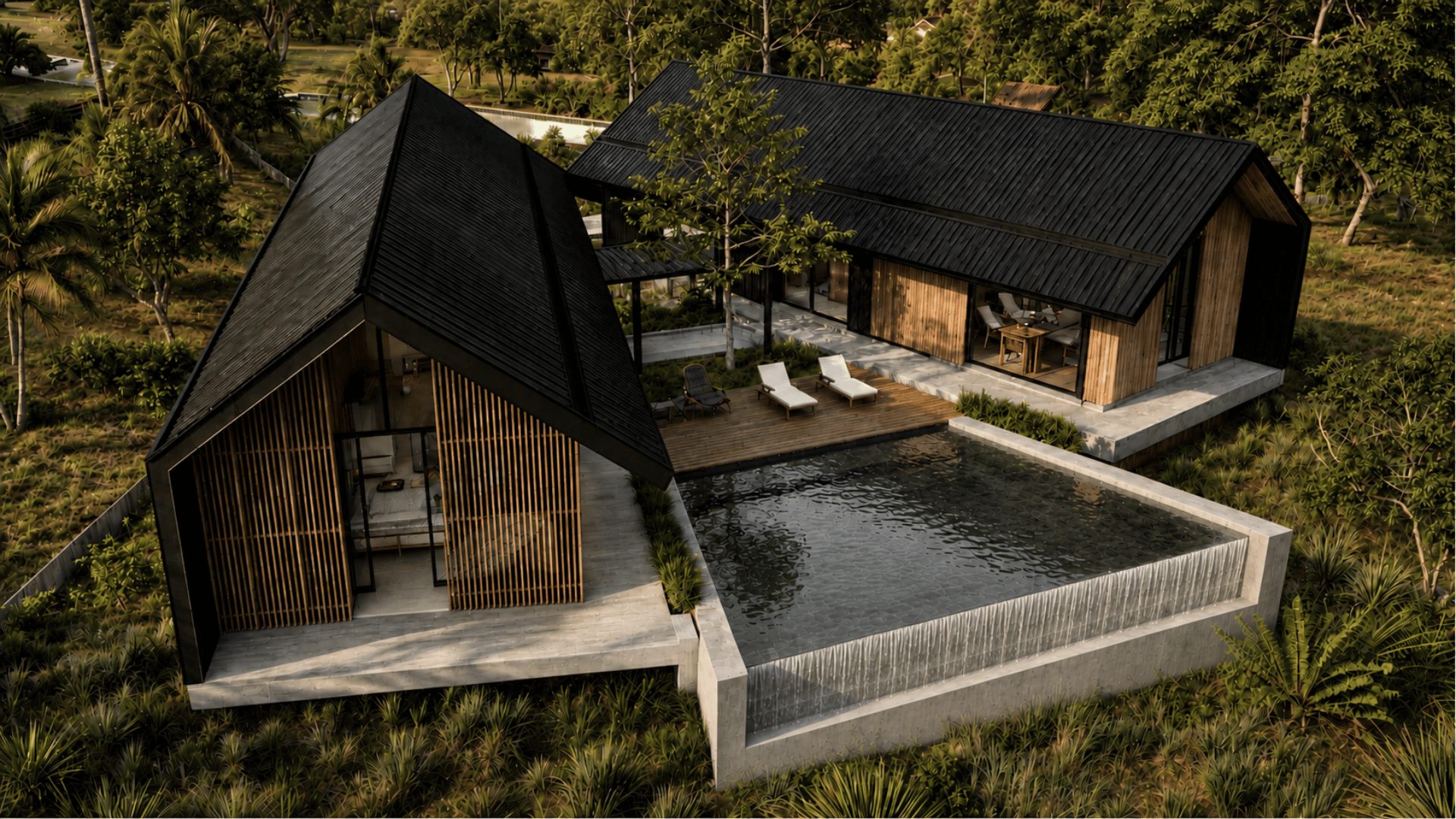 Dos Graneros exterior with two barn volumes forming a V
