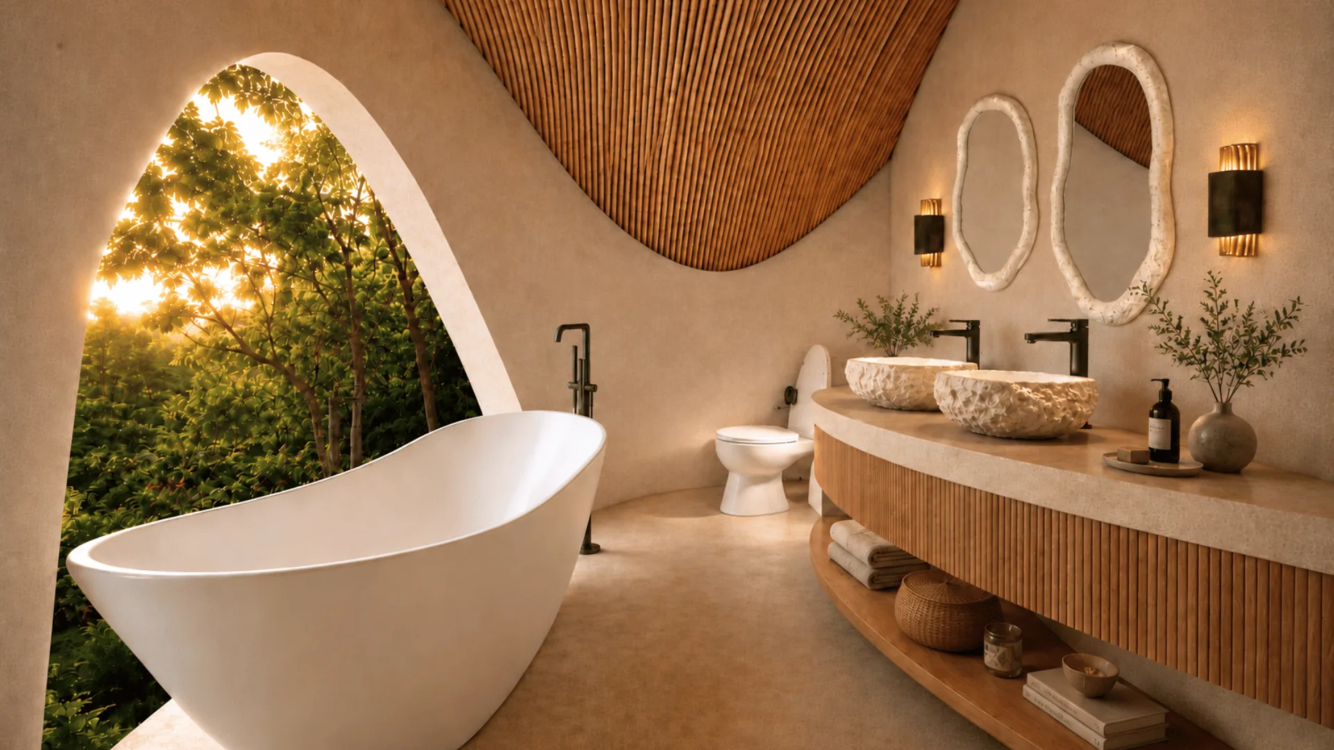 Flor de Vida bathroom with free-standing tub and arched window