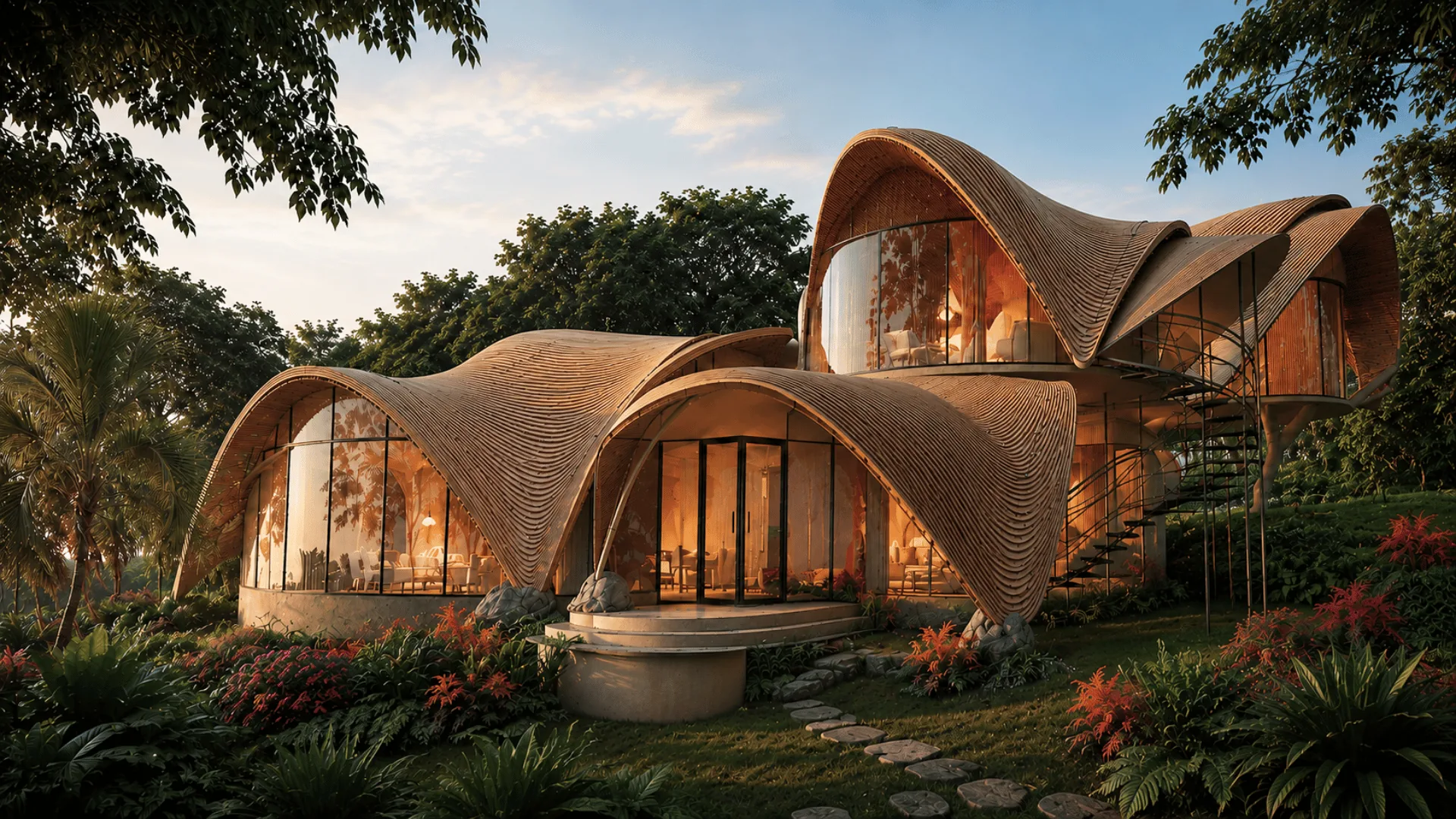 Flor de Vida at sunset with undulating bamboo rooflines and glass walls