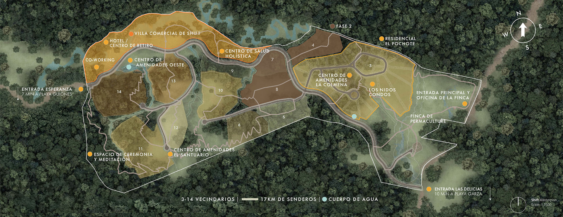 El masterplan de Shift Esperanza en 108 acres en Nosara