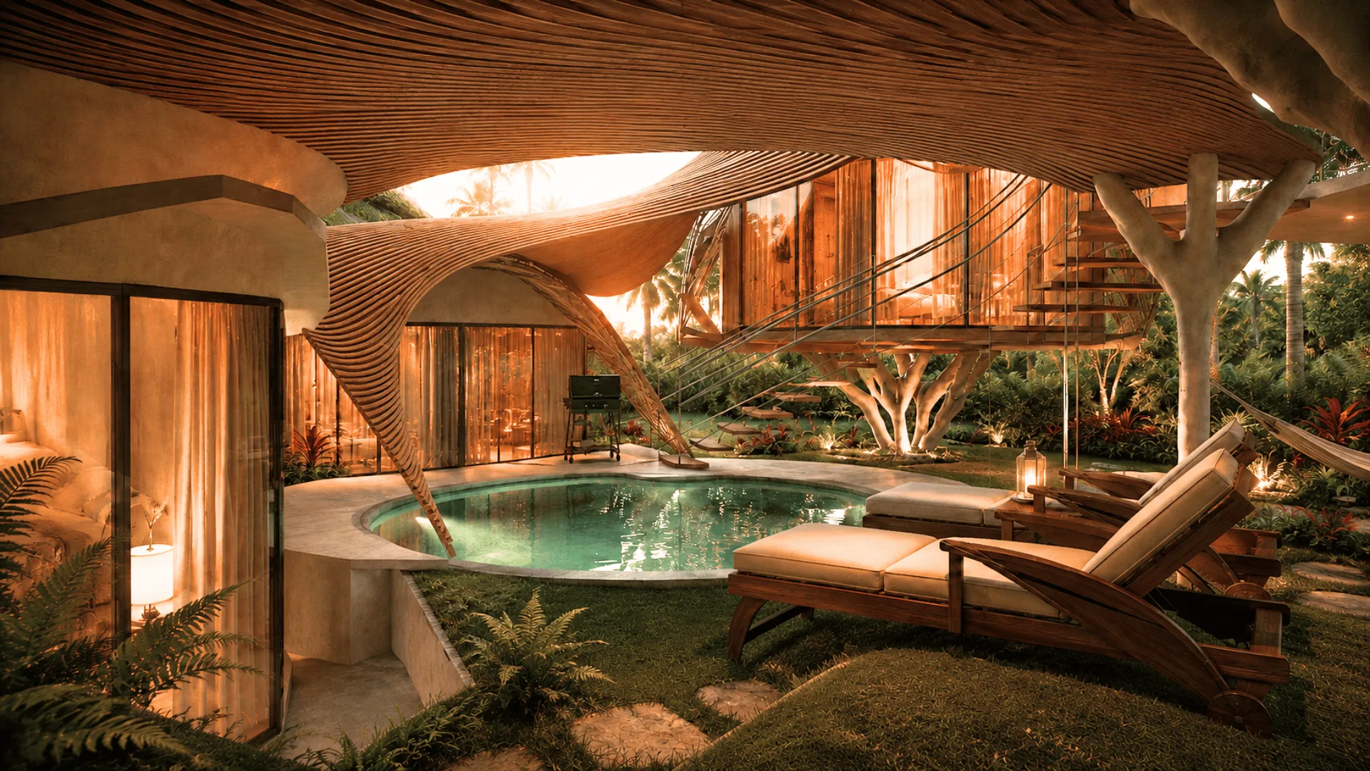 Flor de Vida circular biopool at dusk beside the glass living pod