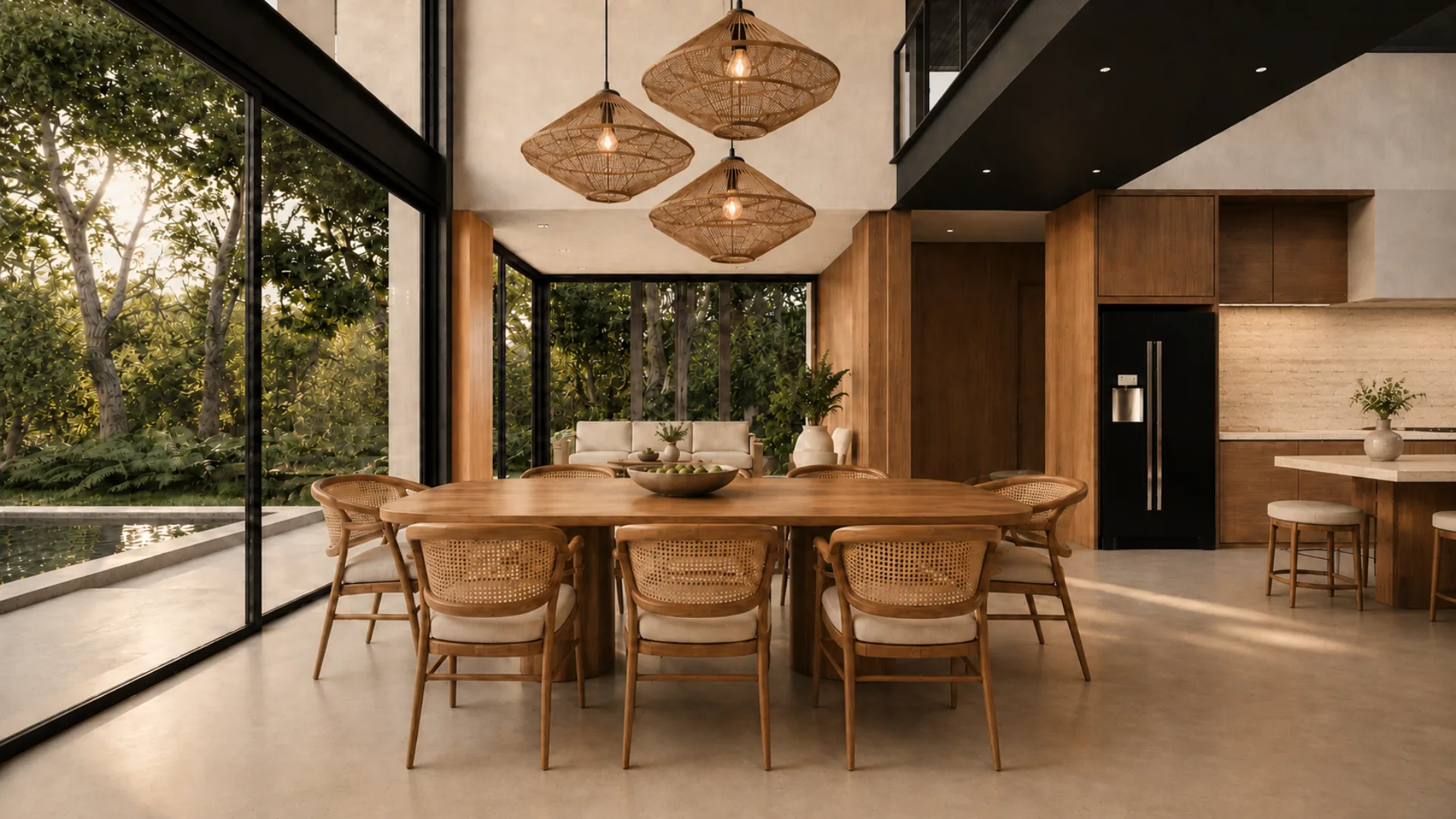 Casa Iki dining room with rattan pendants beside floor-to-ceiling glass